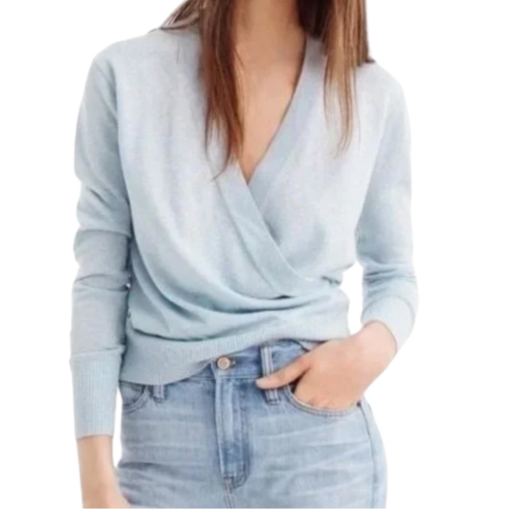 J. Crew Lurex Shimmer Metallic Baby Blue Knit Surplice Wrap Sweater Top - S